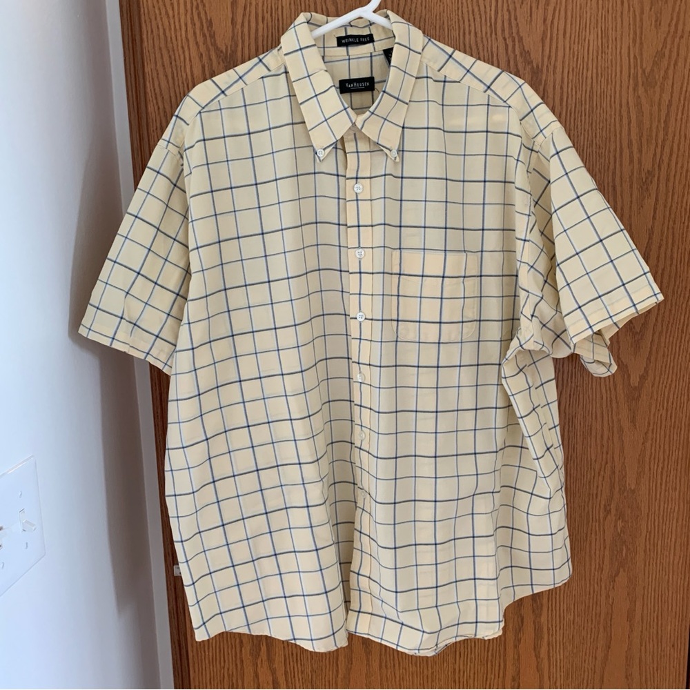 Van Heusen Button Down Shirt Short Sleeve Wrinkle Free Check Yellow Size XXL